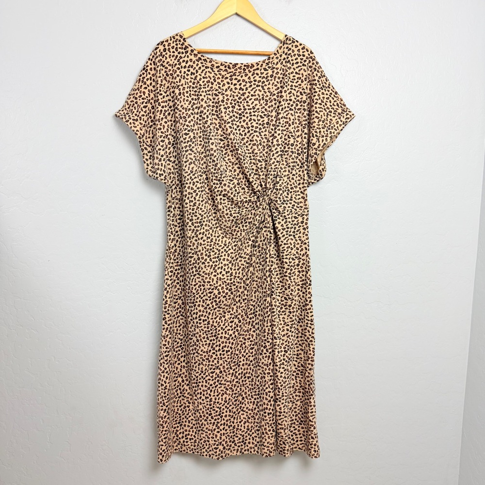 Talbots Plus Leopard Print Cotton Twist Front Midi Dress Tan Black 22W